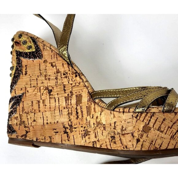 Richard Tyler Wedges Beads Embroidery Brown and Gold Sandals Size 6.5 - Picture 9 of 14